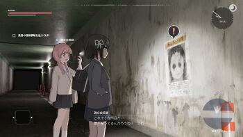 2girls bag bollard braid cardigan cellphone fake_screenshot freckles hair_ribbon highres himonya_misaki_(samidare) lost_property_control_organization_(samidare) low_twin_braids multiple_girls phone pink_eyes pink_hair poster_(object) protagonist_(lost_property_control_organization) ribbon samidare_(hoshi) school_bag school_uniform shoulder_bag skirt smartphone translated tunnel twin_braids user_interface white_ribbon