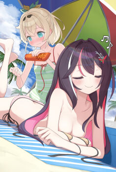 2girls @_@ absurdres applying_sunscreen aqua_eyes ass azki_(hololive) back bare_arms bare_legs bare_shoulders barefoot beach beach_towel beach_umbrella beamed_eighth_notes bikini black_hair blonde_hair blue_sky blush bow breasts butt_crack cleavage cleavage_cutout closed_eyes closed_mouth clothing_cutout cloud cloudy_sky collarbone colored_inner_hair commentary_request covered_navel crossed_bangs day double-parted_bangs eighth_note embarrassed flat_ass flat_chest green_bow green_one-piece_swimsuit hair_bow hair_intakes hair_ornament hands_up highres holding holding_sunscreen hololive kazama_iroha legs_up long_hair looking_at_hand looking_down lotion lying medium_breasts medium_hair mille mismatched_bikini multicolored_hair multiple_girls musical_note nose_blush on_ground on_stomach one-piece_swimsuit open_clothes outdoors palm_tree partially_undressed pink_bikini pink_hair pink_streaks plaid_bikini plaid_clothes ponytail side-tie_bikini_bottom sidelocks signature sky sleeveless smile straight_hair streaked_hair string_bikini striped_clothes striped_one-piece_swimsuit sunscreen swimsuit the_pose towel tree two-tone_bow u_u umbrella untied_bikini untied_bikini_top virtual_youtuber wavy_mouth white_streaks yellow_bikini yellow_bow yuri