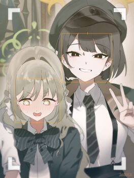 26duck 2girls black_eyes blue_archive blush bow bright_pupils camera_view green_halo grey_hair halo hat highres hiromi_(blue_archive) miyo_(blue_archive) multiple_girls peaked_cap smile white_pupils yellow_halo