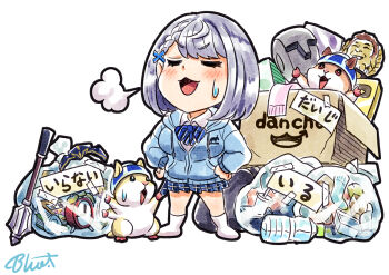 Rule 34 | 1girl, afterimage, alarm clock, amazon (company), blue bow, blue bowtie, blue hoodie, blue skirt, bottle, bow, bowtie, box, brand name imitation, breasts, buru-dai, cardboard box, clock, closed eyes, commentary request, dan'in-san (shirogane noel), diagonal-striped bow, diagonal-striped bowtie, diagonal-striped clothes, grey hair, hamster, hololive, hood, hoodie, large breasts, mace, miniskirt, motion lines, plaid clothes, plaid skirt, pleated skirt, pointing, shirogane noel, skirt, socks, striped bow, striped bowtie, striped clothes, sweatdrop, translation request, trash bag, virtual youtuber, water bottle, weapon, white socks, yagoo, youtube creator award