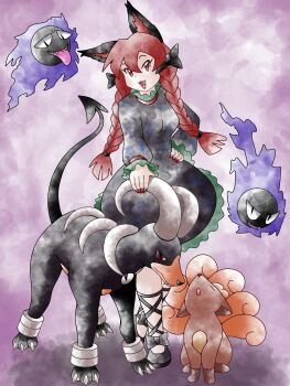 1girl animal_ears black_bow black_dress bow braid cat_ears cat_girl dress full_body gastly gen_1_pokemon gen_2_pokemon greatmothsucks hair_bow highres houndoom kaenbyou_rin looking_at_viewer nekomata nintendo pokemon pokemon_(creature) red_eyes red_nails side_braids sugimori_ken_(style) touhou twin_braids vulpix