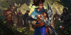 Rule 34 | 6+boys, ball and chain (weapon), bare pectorals, blue pants, blue shirt, brown hair, closed mouth, dagger, drawing sword, fist in hand, forest, highres, holding, holding dagger, holding knife, holding sword, holding weapon, holding whip, knife, league of legends, legends of runeterra, looking at viewer, male focus, mohawk, multiple boys, nature, navori brigand, navori highwayman, o-ring, official art, outdoors, pants, pectorals, ponytail, rope, shirt, sixmorevodka, sword, topless male, weapon, yasuo (league of legends)