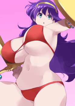 1girl amazon asamiya_athena bikini breasts coveredcore female_focus gold hairband highres huge_breasts large_breasts long_hair nemo pale_skin princess_athena purple_hair red_bikini snk_heroines:_tag_team_frenzy standing swimsuit the_king_of_fighters themanyoukilled thick_thighs thighs underboob wide_hips