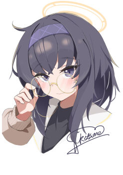 1girl absurdres adjusting_eyewear artist_name black_hair black_shirt blue_archive blush chinese_commentary closed_mouth commentary_request cropped_shoulders crossed_bangs glasses hairband halo hand_on_eyewear highres hoshi_kitsune long_hair long_sleeves looking_at_viewer making-of_available puffy_long_sleeves puffy_sleeves purple_eyes purple_hairband round_eyewear sailor_collar school_uniform serafuku shirt sidelocks signature simple_background solo ui_(blue_archive) white_background white_sailor_collar yellow_halo