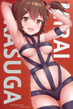 Rule 34 | 1girl, arm strap, armpits, arms up, bare shoulders, blush, bondage outfit, breasts, brown eyes, brown hair, character name, collarbone, cosplay, covered erect nipples, cowboy shot, dot nose, highres, holding, holding own hair, hot limit, idolmaster, idolmaster million live!, idolmaster million live! theater days, kasuga mirai, koaya, looking at viewer, medium breasts, nishikawa takanori, nishikawa takanori (cosplay), one side up, open mouth, red background, revealing clothes, short hair, side ponytail, smile, solo, standing, t.m.revolution, underboob, v-shaped eyebrows