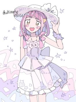1girl :d arched_bangs blush_stickers bow dress hair_ornament hairclip hat hat_bow highres lacey_(pokemon) looking_at_viewer nintendo open_mouth pink_bow pink_hair pokemon pokemon_sv remoooon short_hair simple_background smile solo standing sun_hat upper_body white_background white_bow white_dress white_hat yellow_eyes