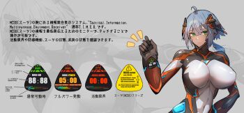 1girl absurdres ahoge blue_hair bodysuit breasts character_profile closed_mouth colossus_(natsukaze_shigure) covered_erect_nipples covered_navel giant giantess gloves green_eyes grey_background hair_between_eyes hand_on_own_hip headgear highres impossible_bodysuit impossible_clothes large_breasts long_hair looking_at_viewer low_ponytail magical_girl natsukaze_shigure original ponytail reference_sheet short_hair simple_background skin_tight smile solo stats thumbs_up