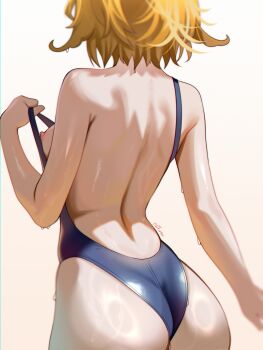 Rule 34 | 1girl, arched back, ass, ass focus, back, back focus, backboob, blonde hair, blue one-piece swimsuit, blurry, breasts, commentary, depth of field, dokibird, dripping, english commentary, from behind, gradient background, highres, indie virtual youtuber, medium breasts, messy hair, nipples, one-piece swimsuit, raituna, short hair, sidelighting, solo, swimsuit, undressing, virtual youtuber, white background, yellow background