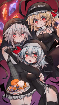 Rule 34 | 3girls, alternate costume, bat wings, black dress, black thighhighs, blonde hair, blue hair, braid, breasts, candy, closed mouth, commentary request, cross, cross necklace, crystal, crystal wings, dress, eating, fang, flandre scarlet, food, frilled dress, frills, grey hair, hair between eyes, halloween, halloween costume, highres, holding, holding candy, holding food, izayoi sakuya, jewelry, large breasts, long sleeves, looking at viewer, multicolored wings, multiple girls, necklace, nun, nun headdress, pelvic curtain, pointy ears, purple background, red eyes, remilia scarlet, siblings, side slit, sisters, slit pupils, small breasts, suigyu xxx, thighhighs, touhou, twin braids, wings