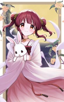 Rule 34 | 1girl, absurdres, brown eyes, brown hair, chinese clothes, double bun, flower, full moon, hair bun, highres, idolmaster, idolmaster cinderella girls, jia wenyuan, looking at viewer, moon, ogata chieri, rabbit, smile, solo, upper body