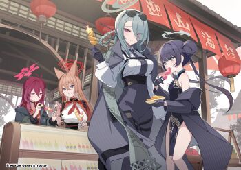 4girls animal_ears bare_shoulders black_dress black_gloves black_hair blue_archive breasts brown_hair china_dress chinese_clothes commentary_request dragon_print dress eating food fox_ears fox_girl gloves green_hair hair_bun halo highres icomochi kisaki_(blue_archive) large_breasts long_hair looking_at_viewer mina_(blue_archive) multiple_girls official_art outdoors parted_lips reijo_(blue_archive) rumi_(blue_archive) smile