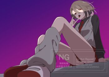 1girl @_@ \m/ anime_coloring asymmetrical_hair black_shirt brown_hair carrie-chan carrie_(song) collared_shirt expressionless foreshortening from_below gradient_background grey_socks grey_sweater_vest highres looking_at_viewer loose_socks miniskirt multicolored_shoes on_floor partially_shaded_face pleated_skirt purple_background red_eyes red_shoes red_skirt school_uniform shirt shoes short_hair sitting skirt socks solo sweater_vest tongue tongue_out two-tone_shoes uwabaki white_shoes yaoya_89