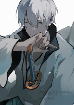 1boy bleach blue_eyes grey_hair hair_between_eyes highres hilt ichimaru_gin japanese_clothes kimono long_sleeves looking_at_viewer male_focus no_rthger one_eye_closed parted_lips short_hair solo twitter_username white_background white_kimono wide_sleeves