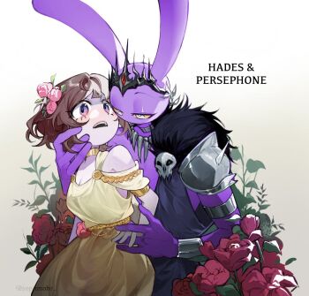 1boy 1girl animal_ears armor bare_shoulders black_crown black_fur bracelet brown_hair choker crown dress feet_out_of_frame flower fur_collar gold_bracelet gold_choker gradient_background greek_mythology grey_background grey_choker grey_eyes hades_(mythology) hair_flower hair_ornament hand_grab hand_on_another's_cheek hand_on_another's_face jax_(the_amazing_digital_circus) jewelry leaf looking_at_another lower_eyelashes_only medium_hair necklace open_mouth persephone_(mythology) pink_flower pink_rose pomni_(the_amazing_digital_circus) purple_eyes rabbit_boy rabbit_ears red_flower red_rose rose shoulder_armor size_difference sophmohr teeth the_amazing_digital_circus tooth_necklace turning_head upper_teeth_only white_background yellow_dress