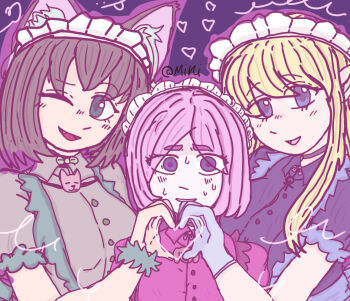 Rule 34 | 3girls, animal ear fluff, animal ears, annette (isekai shikkaku), blonde hair, blue eyes, bob cut, brown hair, cat ears, female focus, fur wrist cuffs, gloves, heart, heart hands, heart hands duo, isekai shikkaku, long hair, maid, maid headdress, medium hair, multiple girls, nervous smile, nervous sweating, parted bangs, pink hair, pointy ears, purple background, sacchan (isekai shikkaku), simple background, smile, sweat, tama (isekai shikkaku), upper body, wrist cuffs