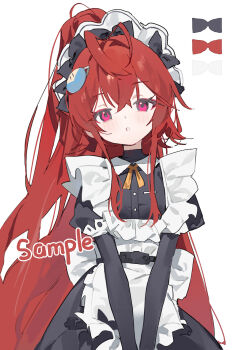 1girl apron black_dress dress highres juliet_sleeves long_hair long_sleeves looking_at_viewer maid maid_apron maid_headdress measho original parted_lips puffy_sleeves purple_eyes red_hair sample_watermark solo v_arms very_long_hair watermark white_apron white_background