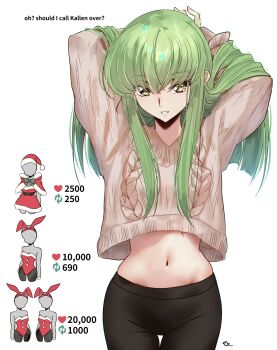 1girl absurdres black_pantyhose breasts budgiepon c.c. code_geass commentary cowboy_shot english_commentary green_eyes green_hair highres navel pantyhose simple_background solo sweater twitter_strip_game_parody white_background