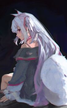 Rule 34 | 1girl, absurdres, animal collar, animal ears, bobicess, collar, dark background, dog ears, dog girl, dog tail, fang, frilled sleeves, frills, from behind, gram pico, grey jacket, hair ribbon, hashtag-only commentary, highres, jacket, long hair, looking at viewer, looking back, off shoulder, phase connect, pink collar, pink eyes, pink ribbon, ribbon, sitting, solo, spaghetti strap, tail, two side up, virtual youtuber, white hair