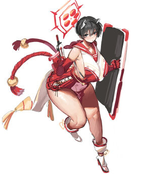 1girl animal_ears ballistic_shield black_eyes black_hair blue_archive breast_curtain breasts clothing_cutout cross-laced_clothes cross-laced_cutout elbow_gloves extra_ears gloves gun hair_between_eyes halo holding holding_gun holding_weapon large_breasts raccoon_ears reallycute456 red_gloves red_halo red_sailor_collar red_skirt sailor_collar shield short_hair sideless_outfit skirt skorpion_vz._61 submachine_gun tsubaki_(blue_archive) weapon