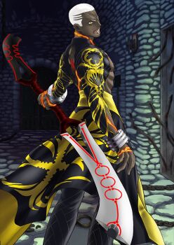 Rule 34 | 1boy, arm at side, bangle, black cape, black jacket, black pants, bracelet, buzz cut, cape, chain, cropped jacket, cuffs, dark-skinned male, dark skin, double blade, emiya alter, fate/grand order, fate (series), feet out of frame, from behind, glowing scar, holding, holding sword, holding weapon, jacket, jewelry, kanshou &amp; bakuya (fate), legs apart, long sleeves, looking at viewer, looking back, lower teeth only, male focus, multiple scars, no shirt, official art, open mouth, outstretched arm, pants, roman numeral, sasaki shounen, scar, scar on arm, scar on back, scar on neck, shackles, short hair, short sideburns, shouting, solo, standing, sword, teeth, third-party source, toned, toned male, v-shaped eyebrows, variant set, very dark skin, very short hair, waist cape, weapon, yellow eyes