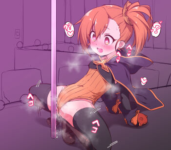 1girl ? arm_support black_cloak black_gloves black_thighhighs blush boots breath brown_boots brown_eyes brown_hair cloak clothed_masturbation commentary_request crotch_rub elbow_gloves female_masturbation gloves grinding groin heart heart-shaped_pupils heavy_breathing highres hood indoors knee_boots knees_apart_feet_together leaning_back legs leotard loli long_hair masturbation masturbation_through_clothes misogi_(princess_connect!) nekono_matatabi open_mouth orange_leotard pole princess_connect! pussy_juice side_ponytail sketch_background solo spread_legs squatting steaming_body stripper_pole symbol-shaped_pupils thighhighs thighs through_clothes unfinished