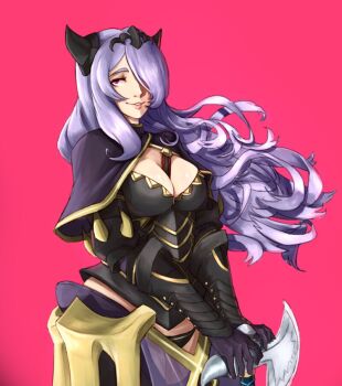 1girl axe bad_tag between_breasts breasts camilla_(fire_emblem) cleavage fire_emblem fire_emblem_fates hair_over_one_eye lacerda long_hair looking_at_viewer nintendo one_eye_covered purple_eyes purple_hair simple_background solo strap_between_breasts tiara wavy_hair