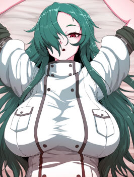 1girl :o breasts chiyu_mahou_no_machigatta_tsukaikata clothes female_focus green_hair hair_over_one_eye highres huge_breasts long_hair looking_at_viewer lying open_mouth pt red_eyes rose_(chiyu_mahou) solo