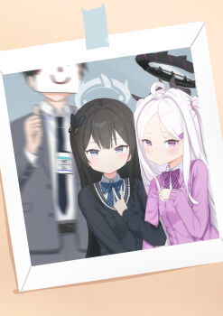 1boy 2girls ahoge black_hair black_halo blue_archive blurry blush breasts butterfly_hair_ornament demon_girl demon_horns depth_of_field hair_ornament halo highres hina_(blue_archive) horns kisaki_(blue_archive) long_hair multiple_girls naiyoubuding photo_(object) purple_eyes sensei_(blue_archive) small_breasts upper_body very_long_hair white_hair