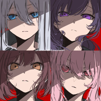 1other 25-ji_nightcord_de._(project_sekai) 3girls absurdres akira20211014 akiyama_mizuki annoyed asahina_mafuyu blue_eyes brown_eyes brown_hair close-up closed_mouth commentary frown hair_between_eyes hair_down highres long_hair looking_at_viewer multiple_girls parted_lips pink_eyes pink_hair portrait project_sekai purple_eyes purple_hair red_background serious shinonome_ena short_sleeves tsurime yoisaki_kanade
