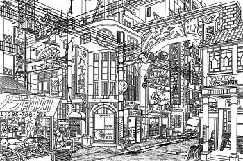 absurdly_detailed_composition absurdres analog_clock bicycle building car clock commentary_request complex_exterior greyscale highres lineart market_stall monochrome motor_vehicle original outdoors pen_(medium) people phone_number power_lines road scenery sign street traditional_media traffic_light translation_request urban utility_pole yamaguti