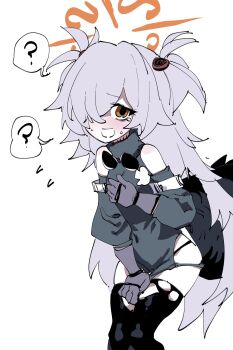 1girl ? alternate_costume bare_shoulders black_dress black_panties black_sleeves black_tail black_thighhighs blue_archive blush brown_eyes clothing_cutout commentary_request cosplay covering_privates crocodilian_tail crying crying_with_eyes_open dress embarrassed eyewear_hang gloves goggles goggles_around_neck green_shirt grey_gloves grey_hair hair_between_eyes hair_over_one_eye halo highres kanoe_(blue_archive) kinbakuman loli long_hair long_sleeves looking_at_viewer mojyo one_eye_covered open_mouth orange_halo panties shirt shoulder_cutout simple_background solo spiked_tail spoken_question_mark sunglasses sweat tail tears thick_tail thighhighs thighs tomimi_(arknights) tomimi_(arknights)_(cosplay) torn_clothes torn_thighhighs two_side_up underwear unworn_eyewear very_long_hair white_background zettai_ryouiki