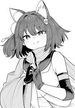 1girl :> animal_ears blue_archive closed_mouth fox_ears fox_girl fox_hair_ornament gloves greyscale hair_ornament highres izuna_(blue_archive) japanese_clothes kimono kinkuri07651 kuji-in looking_at_viewer monochrome neckerchief no_halo one_side_up partially_fingerless_gloves sailor_collar scarf school_uniform serafuku shirt short_hair simple_background smile solo upper_body white_background