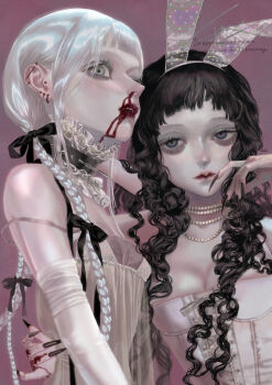 2girls animal_ear_hairband animal_ears bare_shoulders black_hair black_nails black_ribbon blood blood_on_hands braid breasts bustier camisole cleavage collar corset curly_hair ear_piercing earrings expressionless eyelashes fake_animal_ears fingernails frilled_collar frills grey_eyes hair_ribbon hairband highres jewelry long_fingernails long_hair looking_at_viewer medium_breasts multiple_girls nail_polish necklace nosebleed original pearl_necklace piercing pink_background rabbit_ear_hairband rabbit_ears red_lips ribbon sharp_fingernails short_bangs simple_background sitry small_breasts spiked_collar spikes strap_slip twin_braids upper_body white_corset white_hair