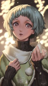 1girl aqua_hair artist_name black_sweater blurry blurry_background brown_eyes capelet commentary facing_viewer fur-trimmed_capelet fur_trim green_capelet hashtag-only_commentary highres kuri_forseti long_sleeves looking_up open_mouth persona persona_3 pixie_cut pom_pom_(clothes) portrait short_hair solo sweater turtleneck turtleneck_sweater winter_clothes yamagishi_fuuka