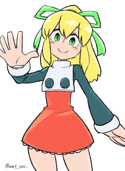 android black_sleeves blonde_hair blush blush_stickers capelet chichibu_(watson) dress green_eyes green_ribbon hair_ribbon hands_up long_hair long_sleeves looking_at_viewer mega_man_(classic) mega_man_(series) palm-fist_greeting petticoat ponytail red_dress ribbon robot_girl roll_(mega_man) short_dress sidelocks signature simple_background smile turtleneck white_background white_capelet