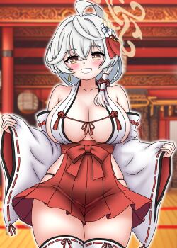 1girl absurdres aikawa_nandesu bare_hips bare_shoulders blue_archive blush breasts cleavage commentary_request eri_(blue_archive) hair_between_eyes hair_ornament highres japanese_clothes large_breasts long_sleeves looking_at_viewer miko smile thighhighs thighs white_hair wide_hips yellow_eyes