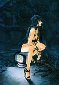 1girl absurdres black_hair black_sandals blue_nails breasts brown_eyes from_side grey_nails hair_censor hair_spread_out high_heels highres legs legs_apart lips long_hair long_legs looking_to_the_side medium_breasts nail_polish natsume_aya nude official_art oogure_ito parted_lips photoshop_(medium) sandals sitting smile solo source_request tagme television tenjou_tenge very_long_hair
