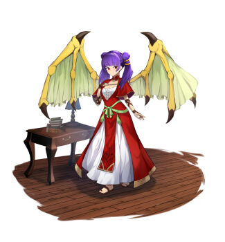 1girl alternate_costume book book_stack breasts capelet cleavage desk desk_lamp dragon_girl dragon_wings dress fire_emblem fire_emblem:_the_sacred_stones gloves gold_trim green_sash half_gloves high_collar lamp long_bangs looking_at_viewer medium_breasts myrrh_(fire_emblem) nintendo purple_hair red_capelet red_dress red_eyes rizihike sandals sash skirt stepping twintails white_background white_skirt wings wooden_floor