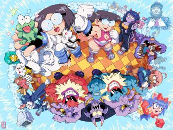 6+boys 6+girls ahoge animal_ears ape aqua_hair bald baseball_uniform bat_wings black_gloves black_hair black_nails black_track_suit blue_hair blue_skin bow breasts brown_gloves cat_ears character_request cleavage cleavage_cutout clothing_cutout colored_skin cone_horns coolfrog_(punch_punch_forever!) dark-skinned_female dark_skin dinosaur earrings emperor_koro eyecatch fingerless_gloves fisheye frog geiko_(punch_punch_forever!) glasses gloves hair_bow holding holding_knife horns imminent_stabbing jewelry jin_(punch_punch_forever!) knife mama_(punch_punch_forever!) matsumoto_gogo matsumoto_nono middle_finger multiple_boys multiple_girls necktie no_mouth official_art open_mouth papa_(punch_punch_forever!) pink_hair pink_wings pointy_ears pontoffel_nopockets punch_punch_forever! purple_lips purple_skin red_bow red_lips red_necktie red_skin ring round_eyewear sharp_teeth shoes signature smile spiked_bat sportswear star_(symbol) sunglasses teeth tongue tongue_out track_suit upside-down veins veiny_arms white_gloves white_hair white_shoes wings wolf yellow_skin