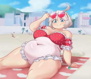 beach beach_towel belly blue_sky breasts cloud elphelt_valentine guilty_gear highres navel outdoors plump sand scarlet_evergleam sky towel