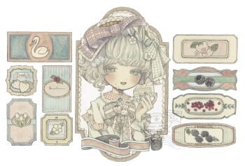 1girl acrylic_paint_(medium) bird blackberry_(fruit) blunt_bangs blush bob_cut border bow brooch cake cake_slice chest_bow commentary cup curly_hair dress floral_print flower flower_hairpin food food_print fork freckles frills fruit fruit_print gingham_bow goose grapes green_eyes hair_bow hair_flower hair_ornament hair_ribbon hairclip highres holding holding_cake holding_food instagram_logo instagram_username jewelry karintoun lace-trimmed_shirt_collar lace_trim lolita_fashion long_eyelashes long_sleeves looking_at_viewer mug muted_color nail_polish original ornate_border painting_(medium) pale_skin picture_frame postmark ribbon short_hair signature smile solo strawberry strawberry_print teacup traditional_media tulip twitter_username twitter_x_logo upper_body watercolor_(medium) watermark wavy_hair