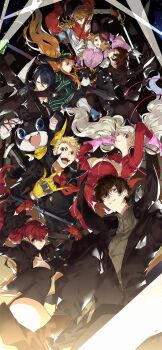 4boys 5girls akechi_gorou amamiya_ren animal ascot ayyataka biker_clothes black-framed_eyewear black_hair black_jacket black_legwear blonde_hair blue_eyes blue_hair blush bodysuit bow braid breasts brown_hair cape cat cat_mask cleavage closed_mouth crown_braid domino_mask earrings elbow_gloves eye_mask fake_tail fox_(persona_5) fox_mask glasses gloves hair_between_eyes hair_ornament hat_feather headphones highres jacket jewelry joker_(persona_5) kitagawa_yuusuke large_breasts leotard long_hair looking_at_viewer male_focus mask matching_hair/eyes medium_breasts morgana_(persona_5) multiple_boys multiple_girls niijima_makoto noir_(persona_5) okumura_haru oracle_(persona_5) orange_hair panther_(persona_5) pants pantyhose persona persona_5 persona_5_the_royal pink_gloves plaid_clothes plaid_pants ponytail purple_gloves queen_(persona_5) red_bodysuit red_eyes red_gloves red_hair red_legwear sakamoto_ryuuji sakura_futaba short_hair shoulder_spikes simple_background skull_(persona_5) smile spikes stud_earrings sword tail takamaki_anne thighhighs twintails unworn_mask violet_(persona_5) weapon whip yoshizawa_kasumi zipper
