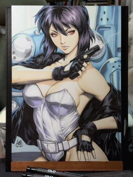 black_gloves black_jacket breasts cleavage fingerless_gloves ghost_in_the_shell gloves gun hand_on_own_hip handgun highres holding holding_gun holding_weapon jacket kusanagi_motoko leotard purple_hair red_eyes short_hair stanley_lau traditional_media upper_body weapon white_leotard