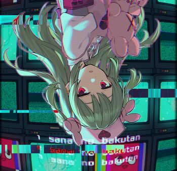 1girl apron blonde_hair brain crt glitch hair_ornament hat heart holding holding_stuffed_toy long_hair natori_sana natori_sana_(nurse) nurse nurse_cap open_mouth pink_apron pink_hat puffy_short_sleeves puffy_sleeves rabbit_hair_ornament red_eyes romaji_text sana_channel short_sleeves solo static stuffed_toy television teshima_nari two_side_up upside-down virtual_youtuber wire