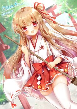 1girl asahina_momoko blush braid broom brown_hair chiyorinda commentary_request commission frilled_skirt frills girlfriend_(kari) hair_ornament hakama hakama_short_skirt hakama_skirt holding holding_broom japanese_clothes leaf long_hair looking_at_viewer miko red_hakama ribbon-trimmed_sleeves ribbon_trim skeb_commission skirt smile tassel thighhighs torii tree twin_braids white_thighhighs wide_sleeves