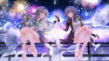 2girls aerial_fireworks bare_legs barefoot bird blue_eyes bouquet chinese_commentary city commentary_request dove feet firefly_(honkai:_star_rail) firefly_(spring_missive)_(honkai:_star_rail) fireworks flower gloves grey_hair highres holding_hands honkai:_star_rail honkai_(series) legs liangji_uu long_hair looking_at_another multiple_girls night open_mouth school_uniform sitting skirt smile soles stelle_(honkai:_star_rail) toes trailblazer_(honkai:_star_rail) yellow_eyes