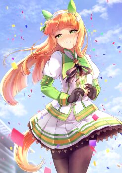 Rule 34 | 1girl, absurdres, animal ears, black bow, black gloves, black pantyhose, blue sky, blunt bangs, blush, bow, cloud, clover print, commentary request, confetti, ear covers, gloves, green eyes, green sailor collar, green sleeves, hairband, highres, hime cut, holding, horse ears, horse girl, horse tail, long hair, long sleeves, looking at viewer, orange hair, orange tail, outdoors, pantyhose, parted lips, pleated skirt, sailor collar, sazanka, silence suzuka (innocent silence) (umamusume), silence suzuka (umamusume), skirt, sky, smile, solo, tail, umamusume, white hairband, white skirt