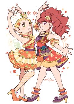 2girls :d absurdres aikatsu! aikatsu!_(series) arm_up arms_up blonde_hair bracelet choker dancing detached_sleeves dress frilled_choker frills full_body high_heels highres idol_clothes jewelry kurebayashi_juri long_hair looking_at_viewer multiple_girls open_mouth orange_dress orange_shoes outstretched_arms ponytail purple_eyes purple_shoes red_dress red_hair shinjo_hinaki shoes short_hair smile standing white_background yukikokoro