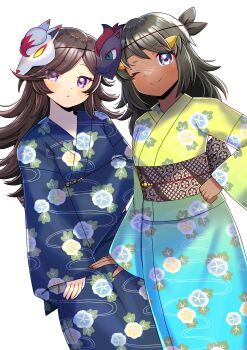Rule 34 | 2girls, ;), absurdres, black hair, blue kimono, brown hair, closed mouth, commentary, commission, commissioner upload, dark-skinned female, dark skin, english commentary, floral print, floral print kimono, fran (arachnos), gen 5 pokemon, green kimono, grey eyes, highres, hisuian zoroark, japanese clothes, kimono, kou hiyoyo, long hair, long sleeves, looking at viewer, mask, mask on head, multiple girls, nintendo, obi, one eye closed, original, pokemon, pokemon infinite fusion, print kimono, purple eyes, rhea (stryker324), sash, simple background, skeb commission, smile, white background, yukata, zoroark
