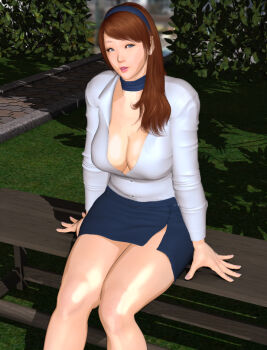 1girl bench blue_eyes breasts brown_hair choker cleavage hairband kill_the_king large_breasts lips long_hair mature_female miniskirt pencil_skirt shirt side_slit sitting skirt solo